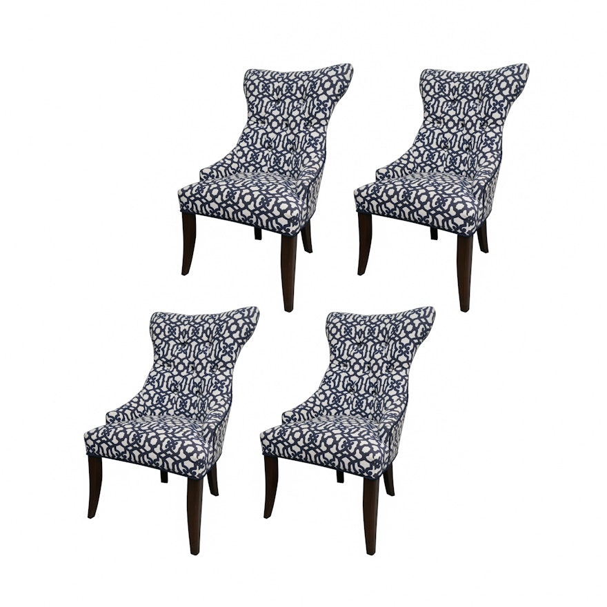 White and Blue Geometric Pattern Upholstered Chairs