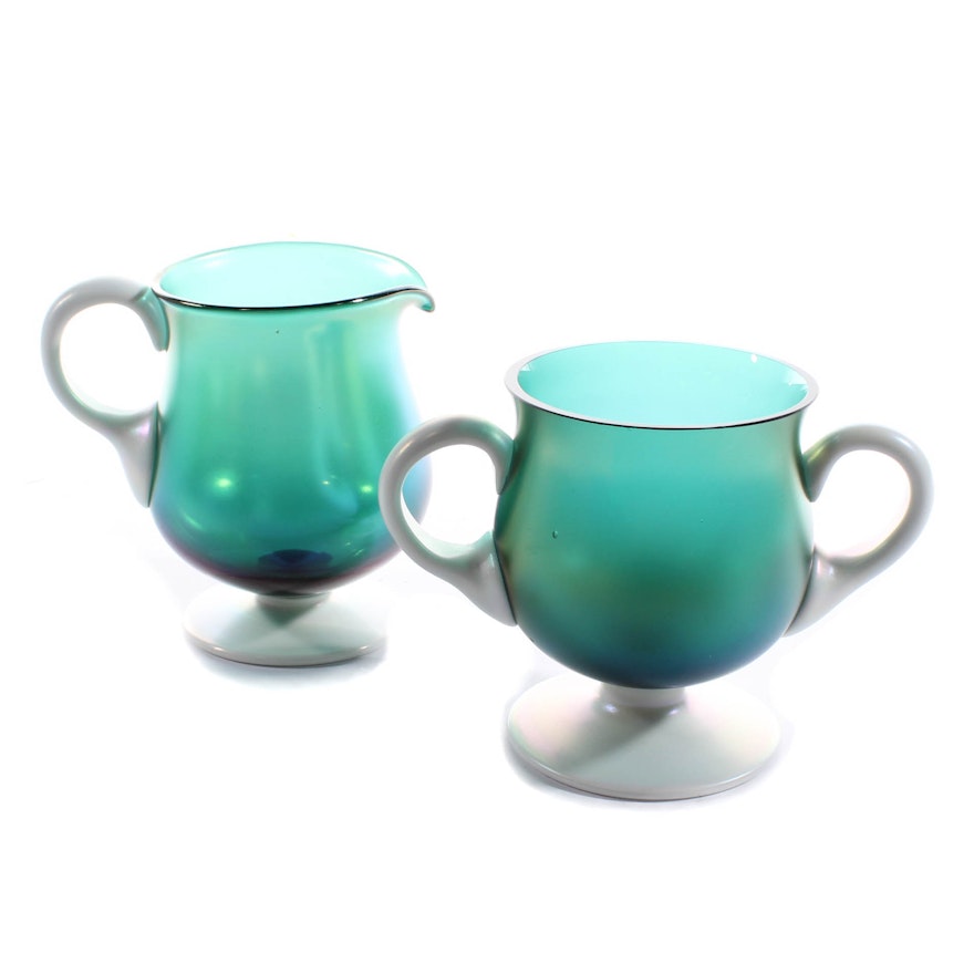 Steuben-Style Iridescent Art Glass Footed Sugar and Creamer