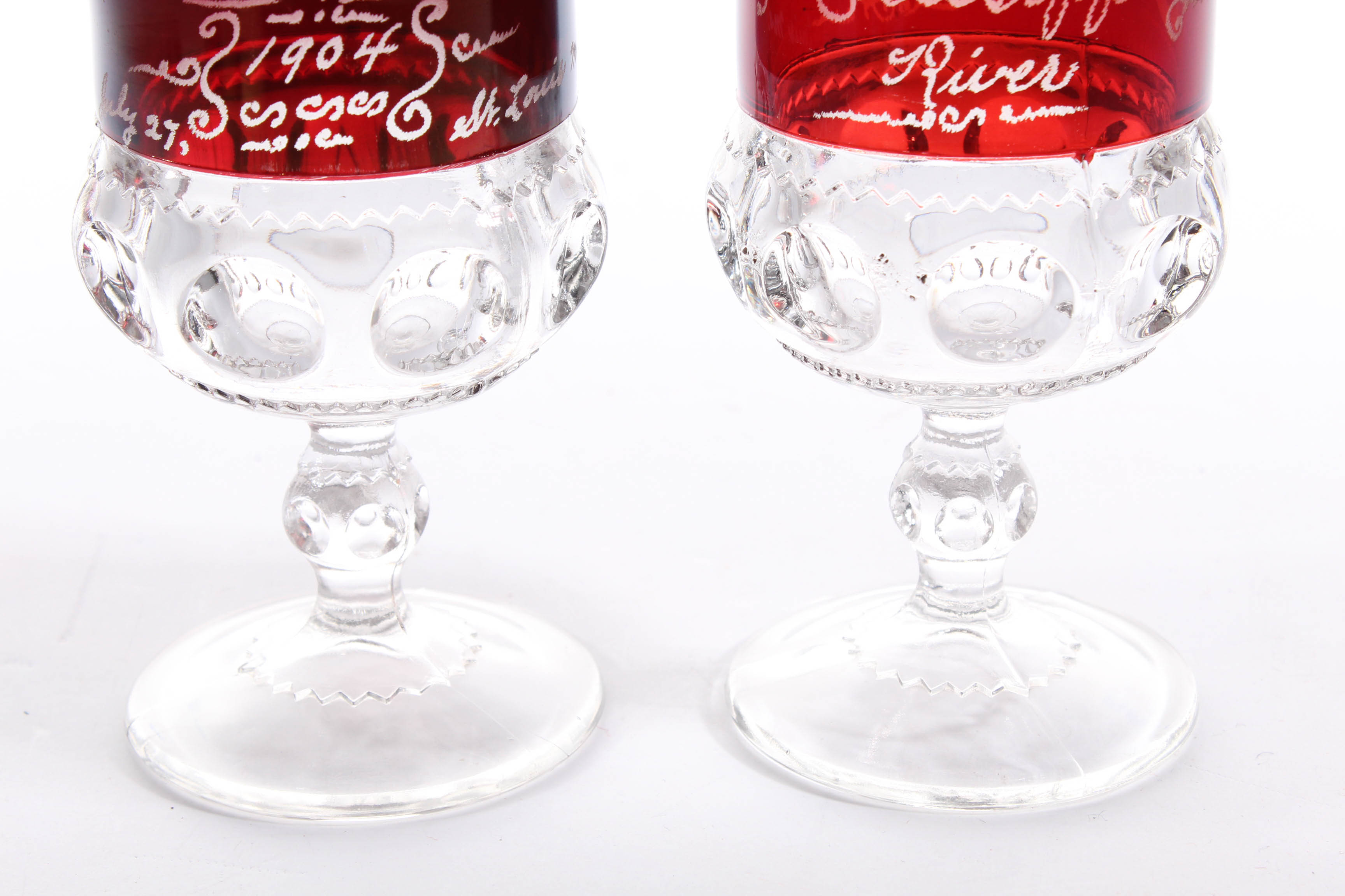 1904 World's Fair Hand Etched Adams Glass "Excelsior" Ruby Flashed Glasses