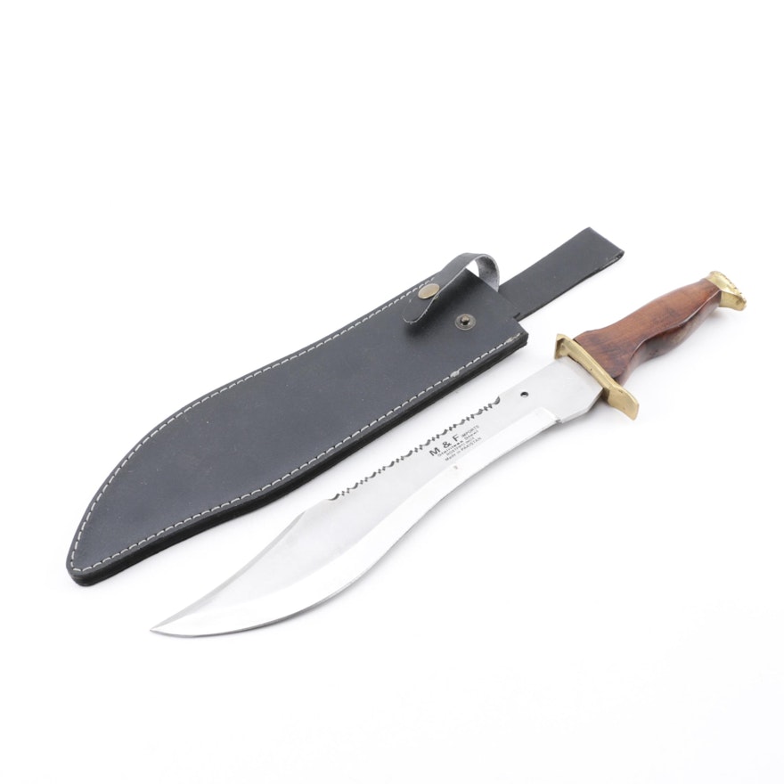 M & F Bowie Knife with Sawtooth Back and Leather Sheath