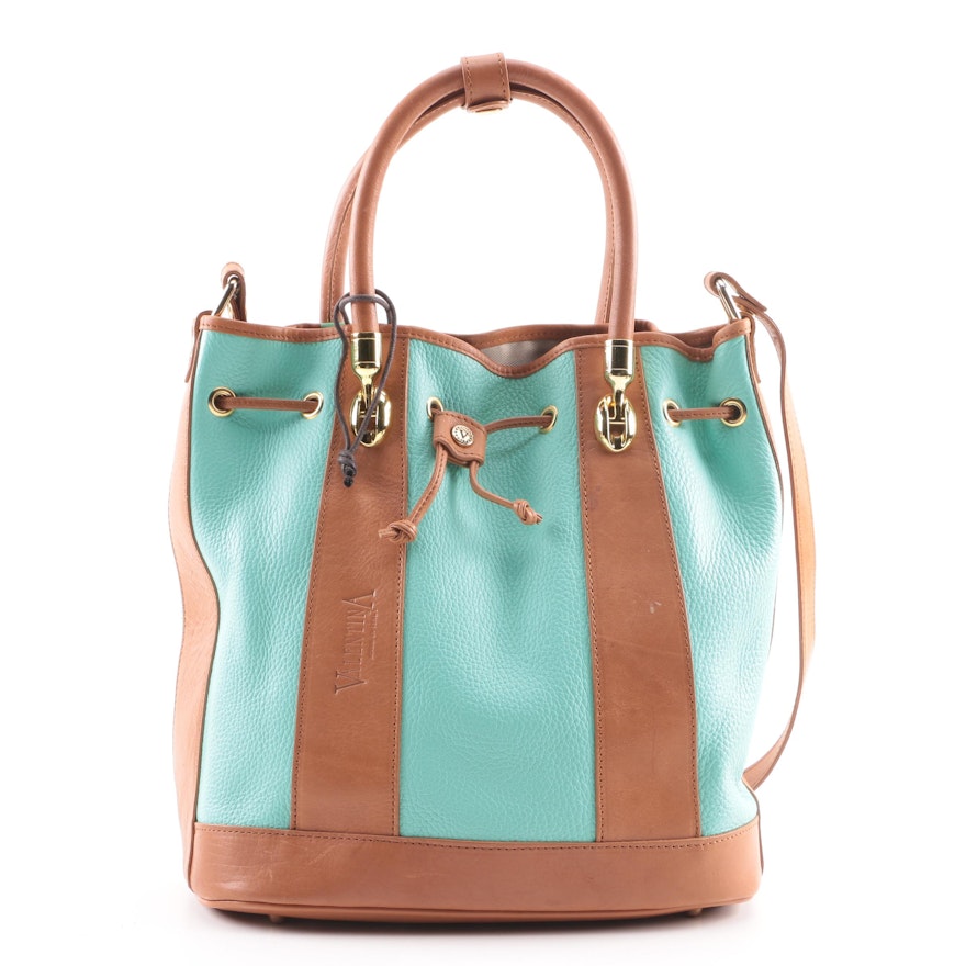 Valentina Aqua and Brown Leather Bucket Bag