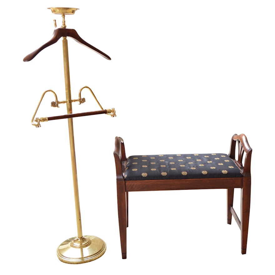 Classic Brass Valet and Chippendale Style Mahogany Bench