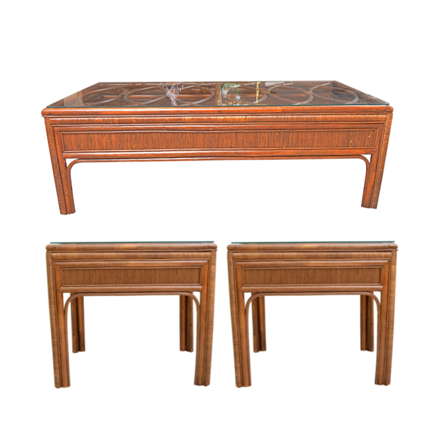 Rattan and Bamboo Side and Coffee Table Set