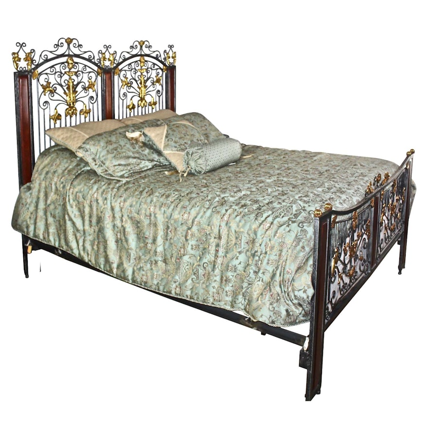 Vintage Iron and Wooden Queen Bed Frame