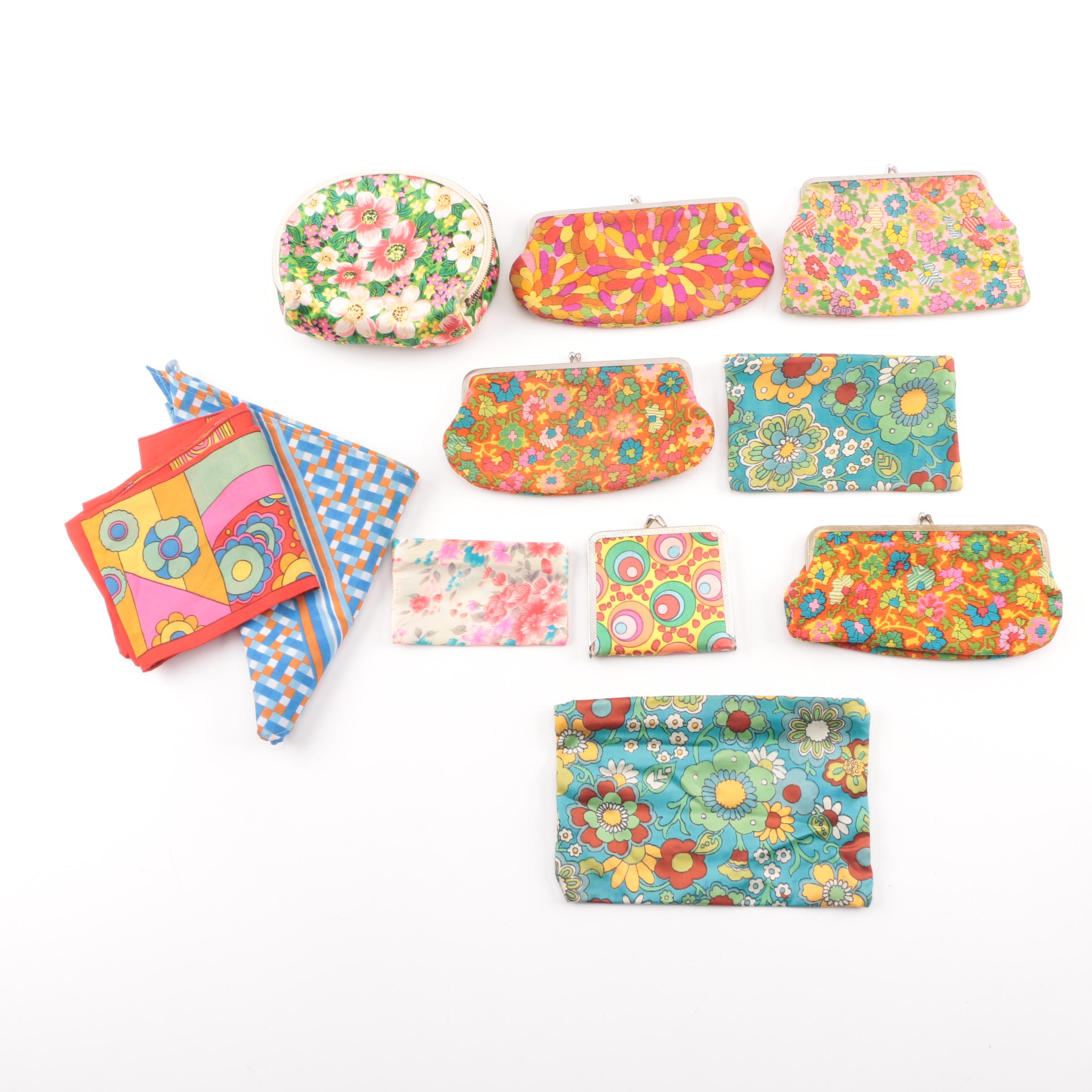 Circa 1970s Vintage Floral and Mod Print Coin Purses, Pouches and Scarves