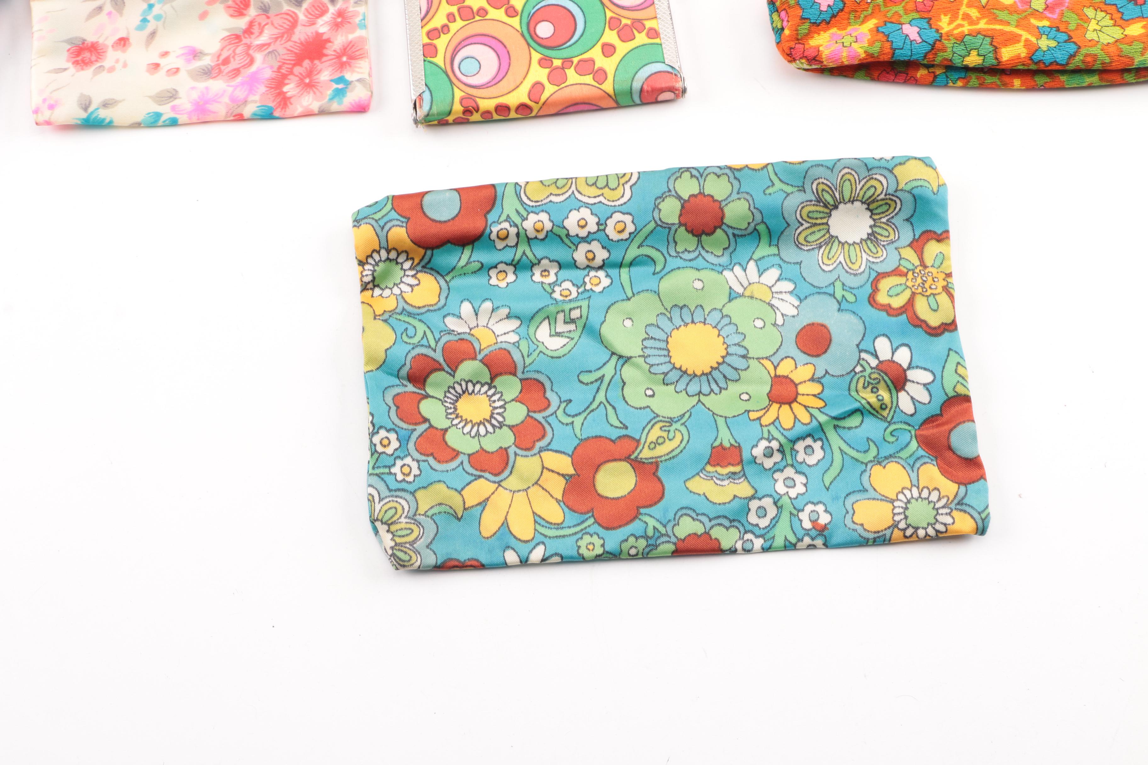 Circa 1970s Vintage Floral and Mod Print Coin Purses, Pouches and Scarves