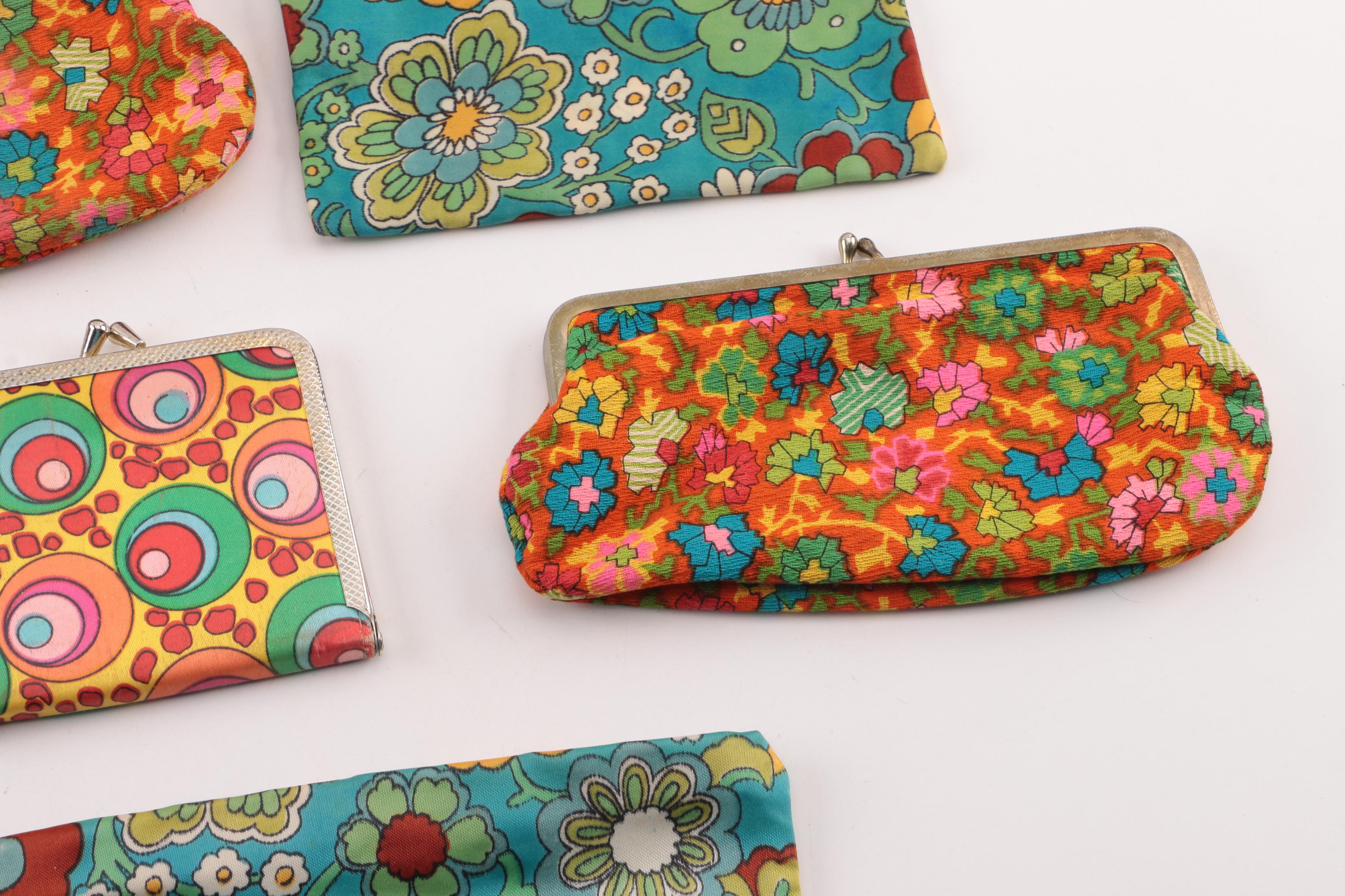 Circa 1970s Vintage Floral and Mod Print Coin Purses, Pouches and Scarves