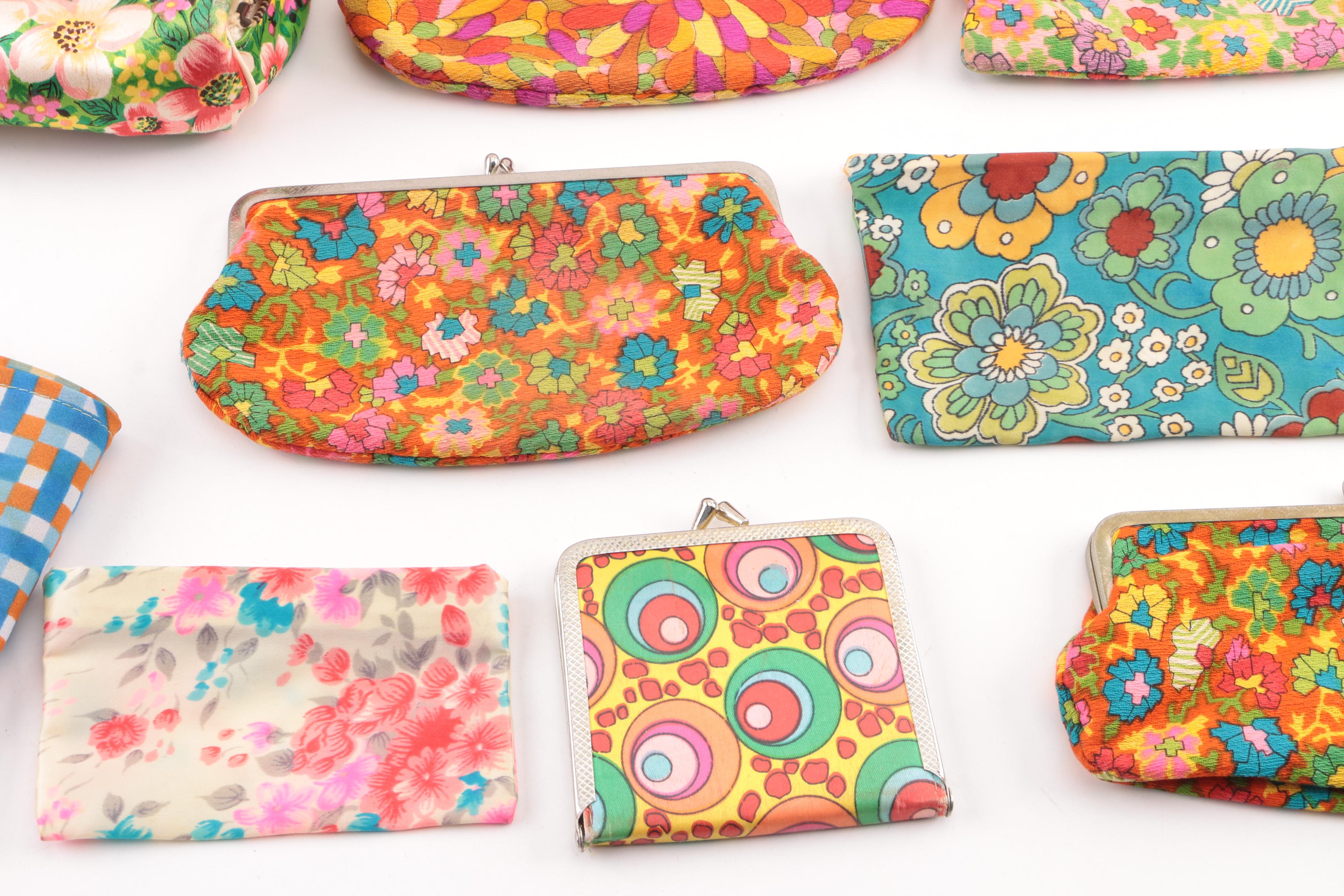 Circa 1970s Vintage Floral and Mod Print Coin Purses, Pouches and Scarves