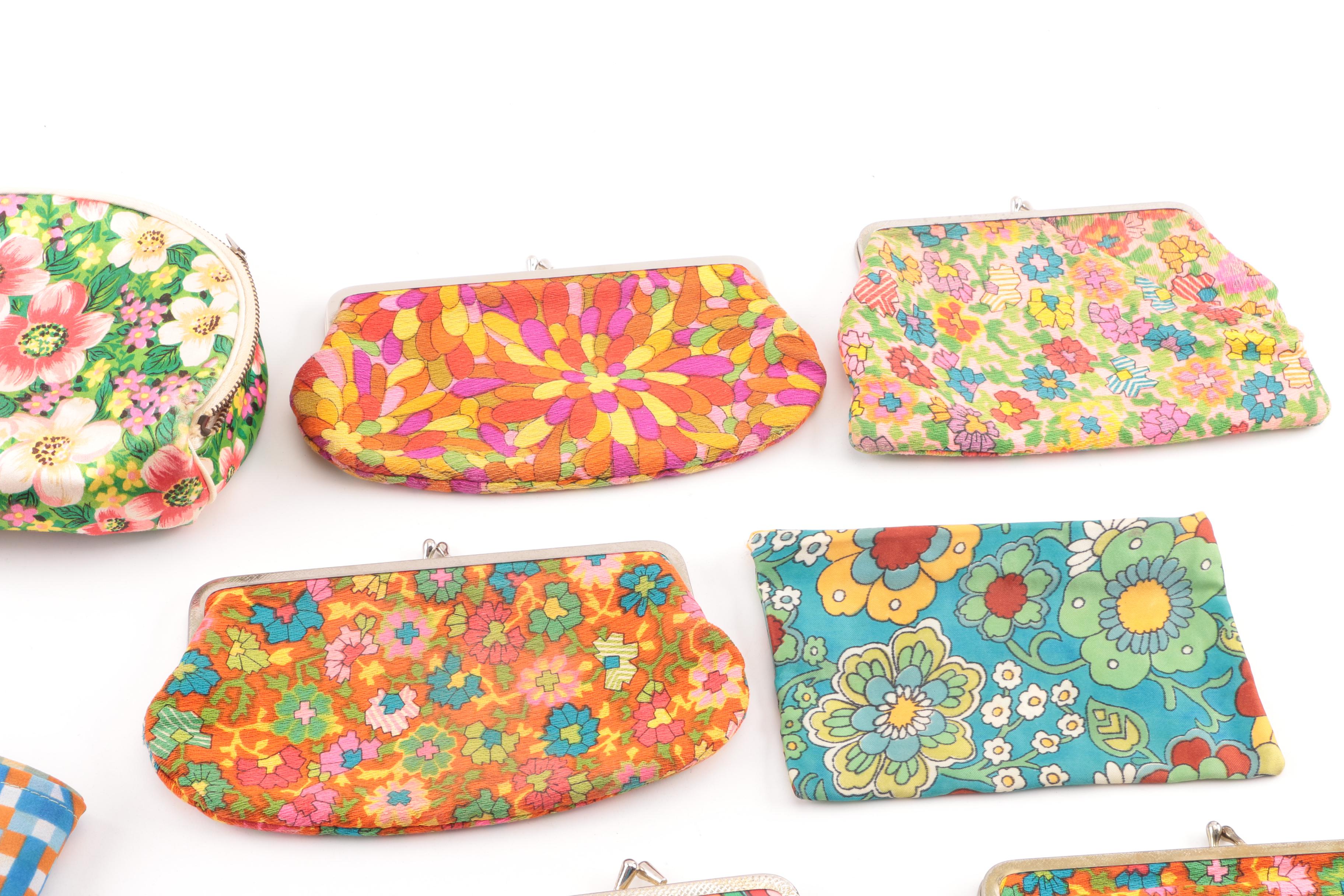 Circa 1970s Vintage Floral and Mod Print Coin Purses, Pouches and Scarves