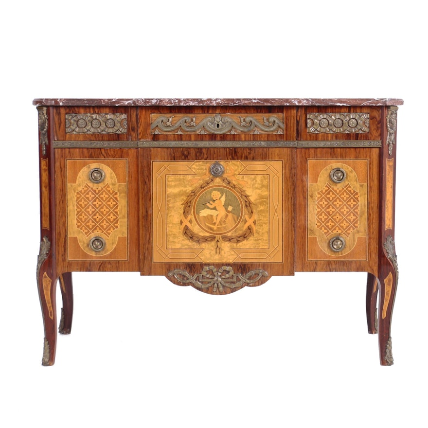 Louis XVI Style Brass-Mounted Kingwood and Marquetry Commode, 20th Century