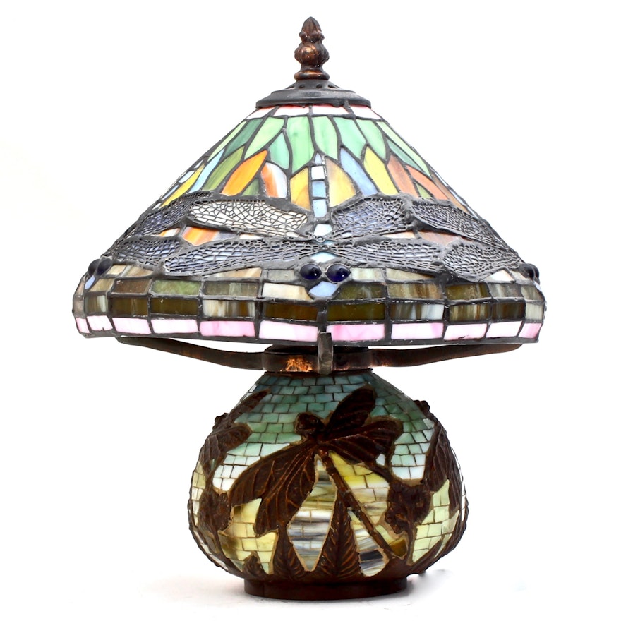Vintage Tiffany Style Stained Glass Dragonfly Table Lamp