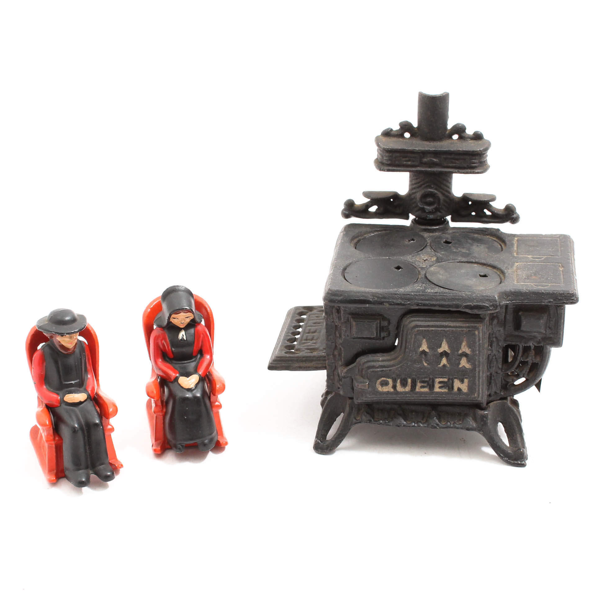 Vintage Cast Iron Toy Stove and Figurines