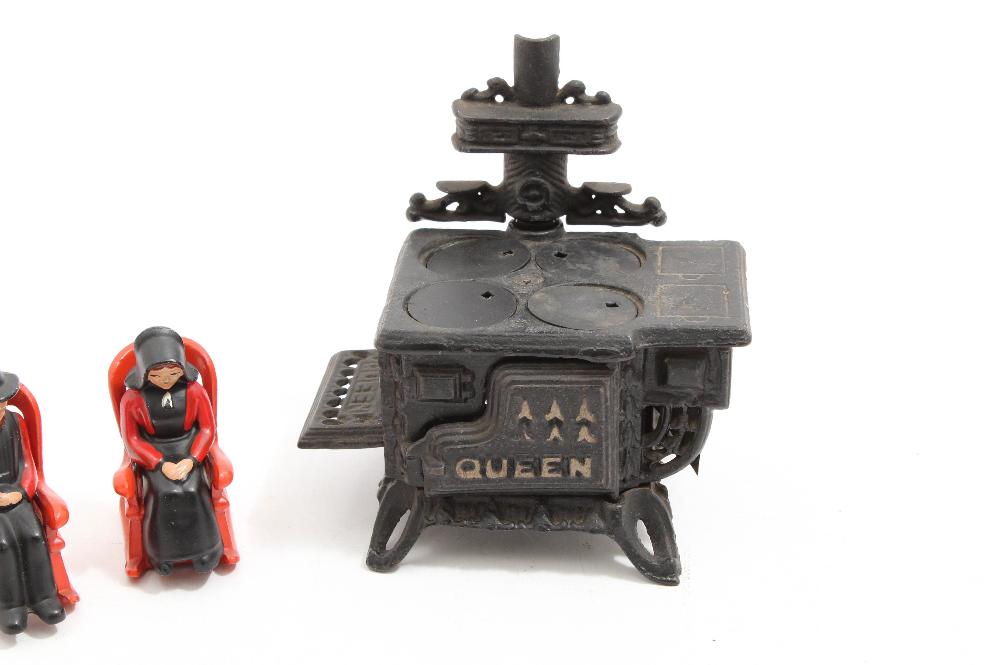 Vintage Cast Iron Toy Stove and Figurines