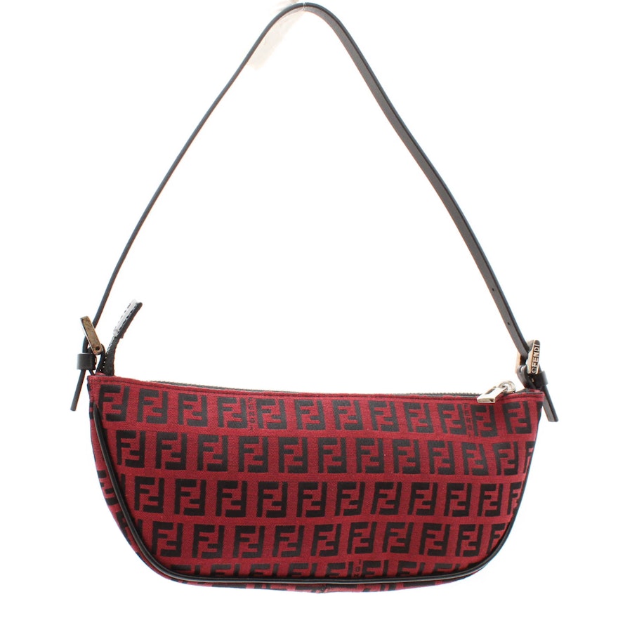 Fendi Zucca Red and Black Canvas and Leather Mini Baguette