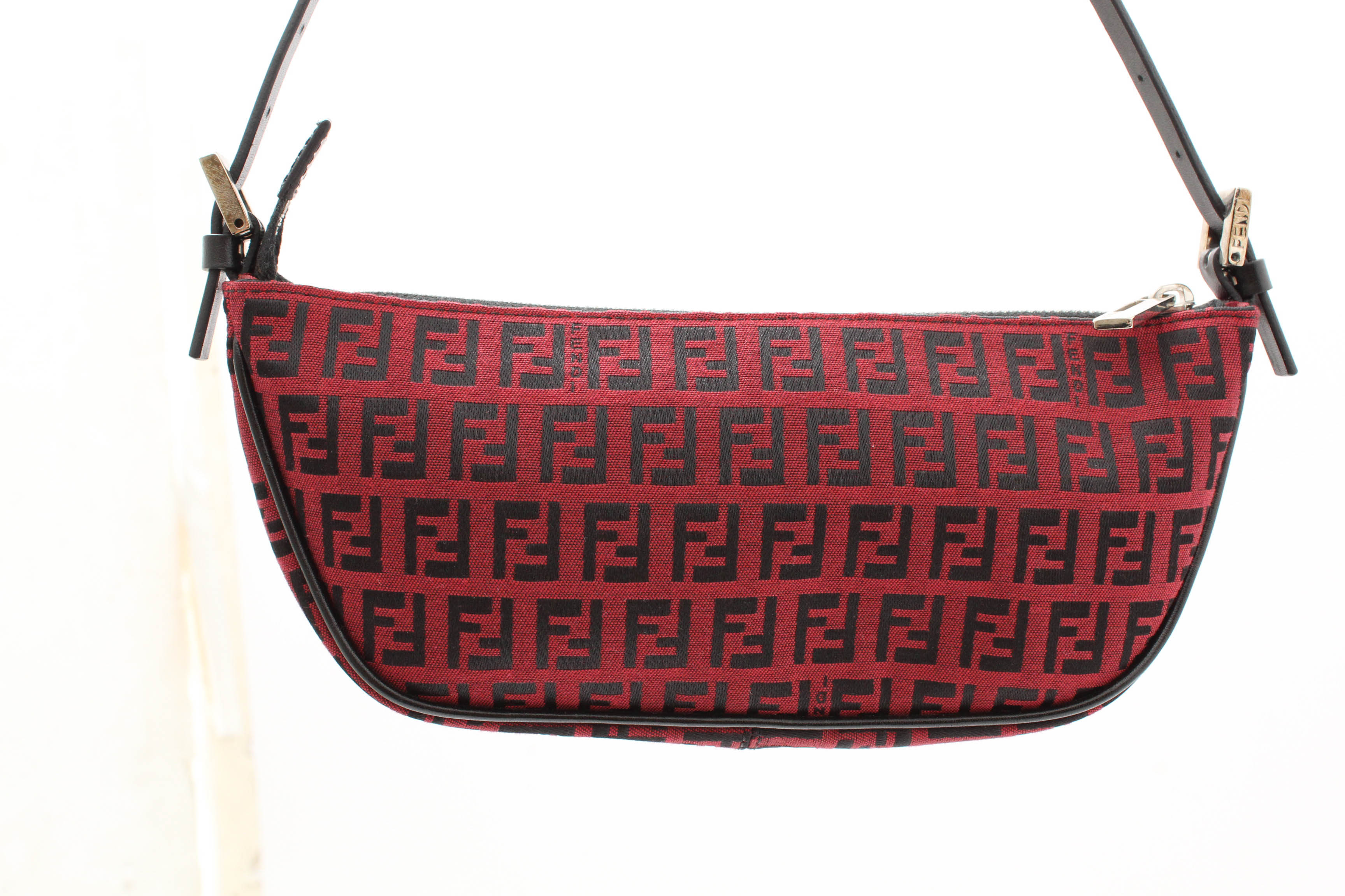 Fendi Zucca Red and Black Canvas and Leather Mini Baguette