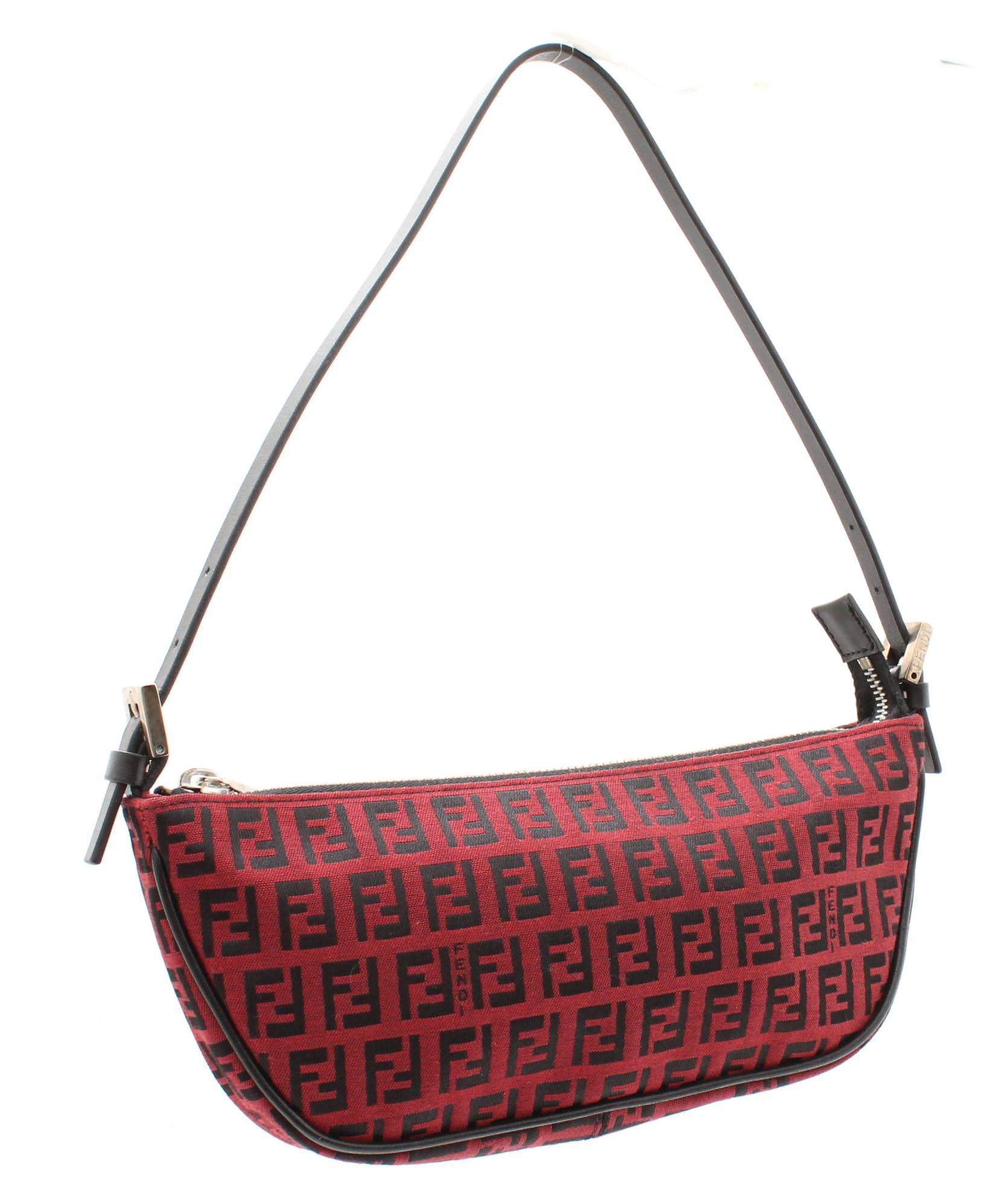Fendi Zucca Red and Black Canvas and Leather Mini Baguette