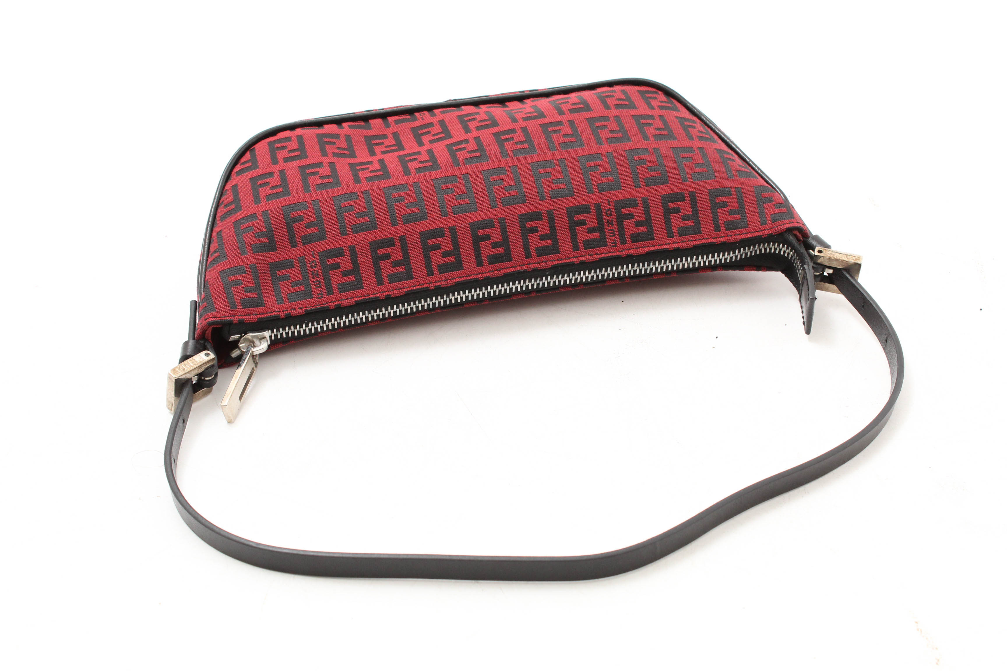 Fendi Zucca Red and Black Canvas and Leather Mini Baguette