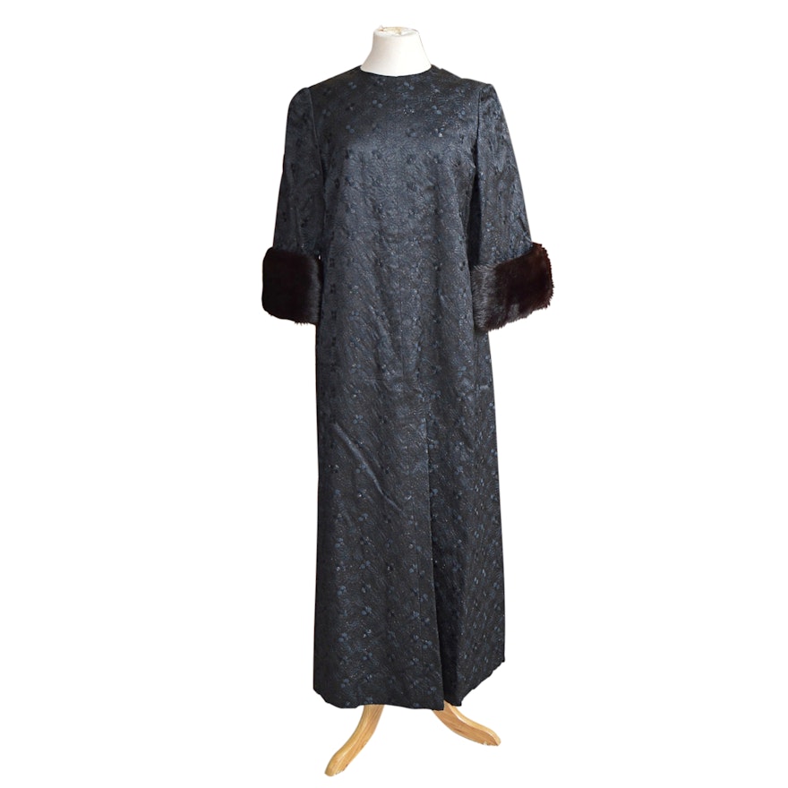 Vintage Black Brocade Caftan with Dark Brown Mink Cuffs