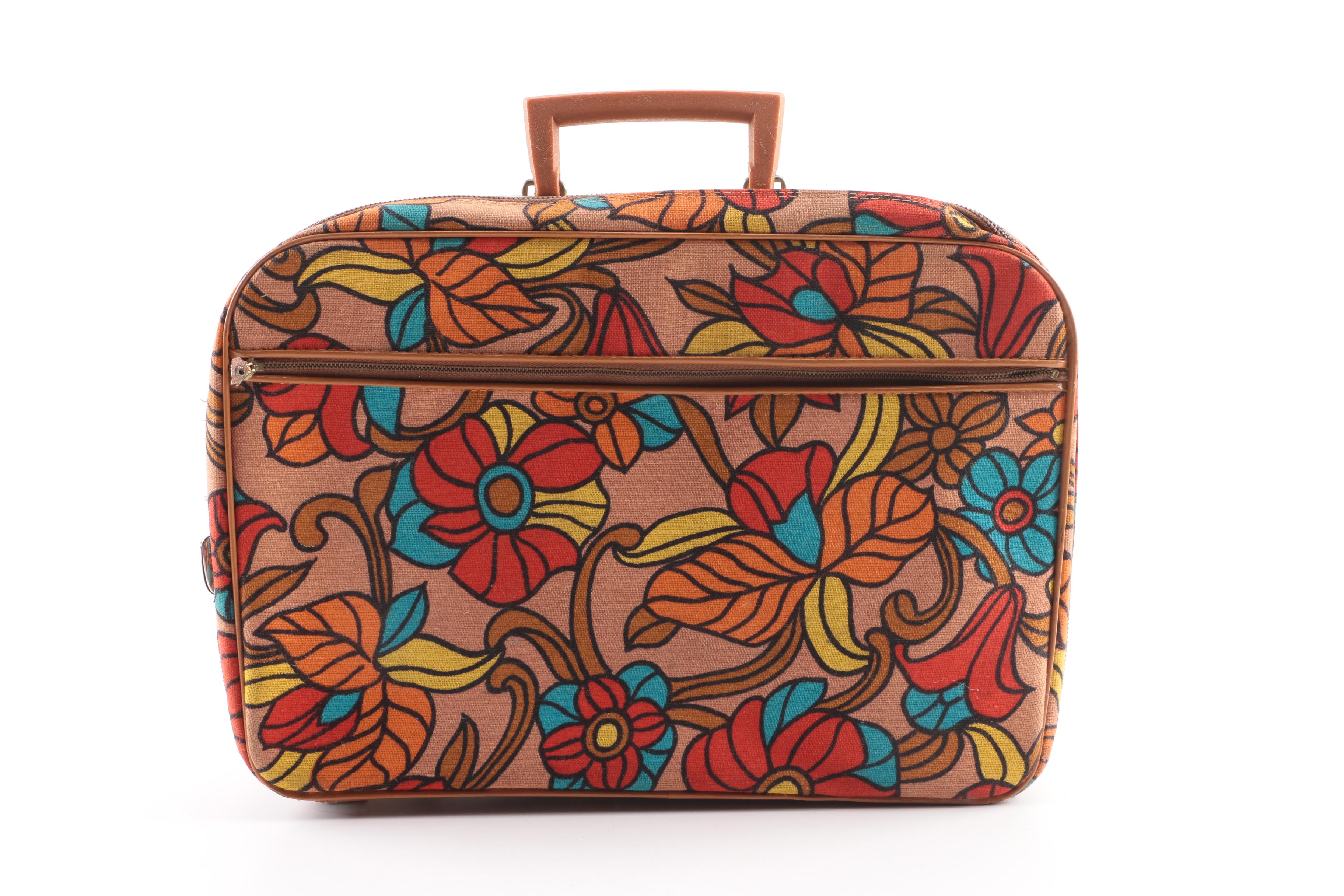 Circa 1970s Vintage Floral Canvas and Blue Vinyl Travel Carry-On Bags