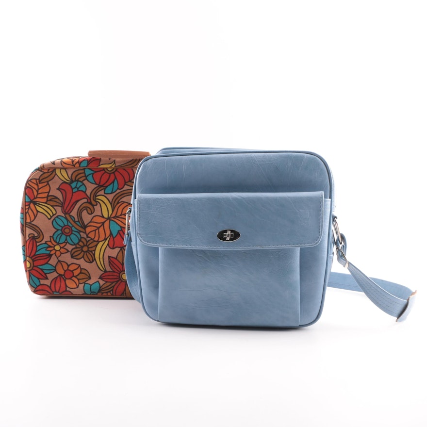 Circa 1970s Vintage Floral Canvas and Blue Vinyl Travel Carry-On Bags