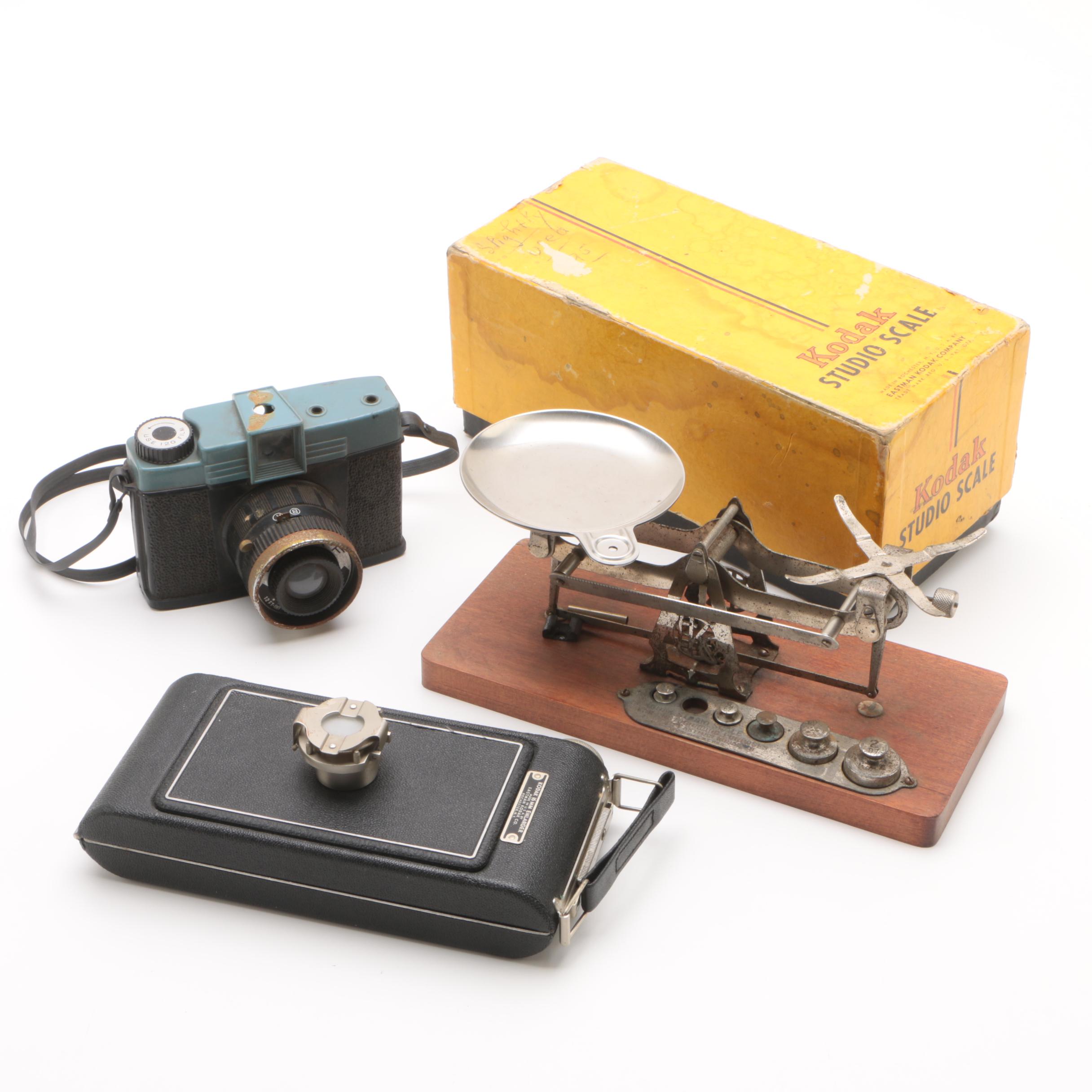 C. 1930s Kodak 16mm Enlarger Film Camera, Kodak Studio Scale and Diana-F Camera