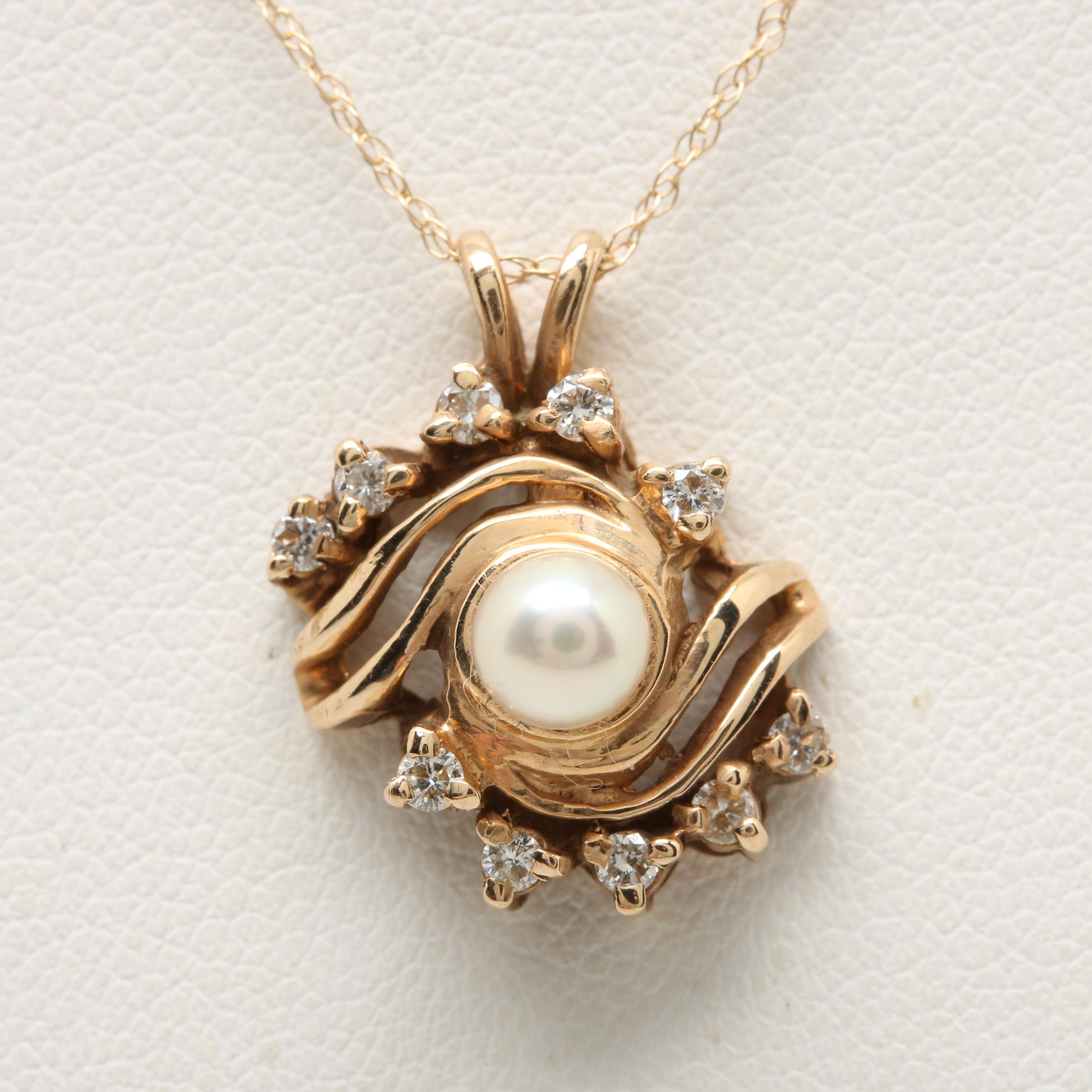 14K Yellow Gold Cultured Pearl and Diamond Necklace