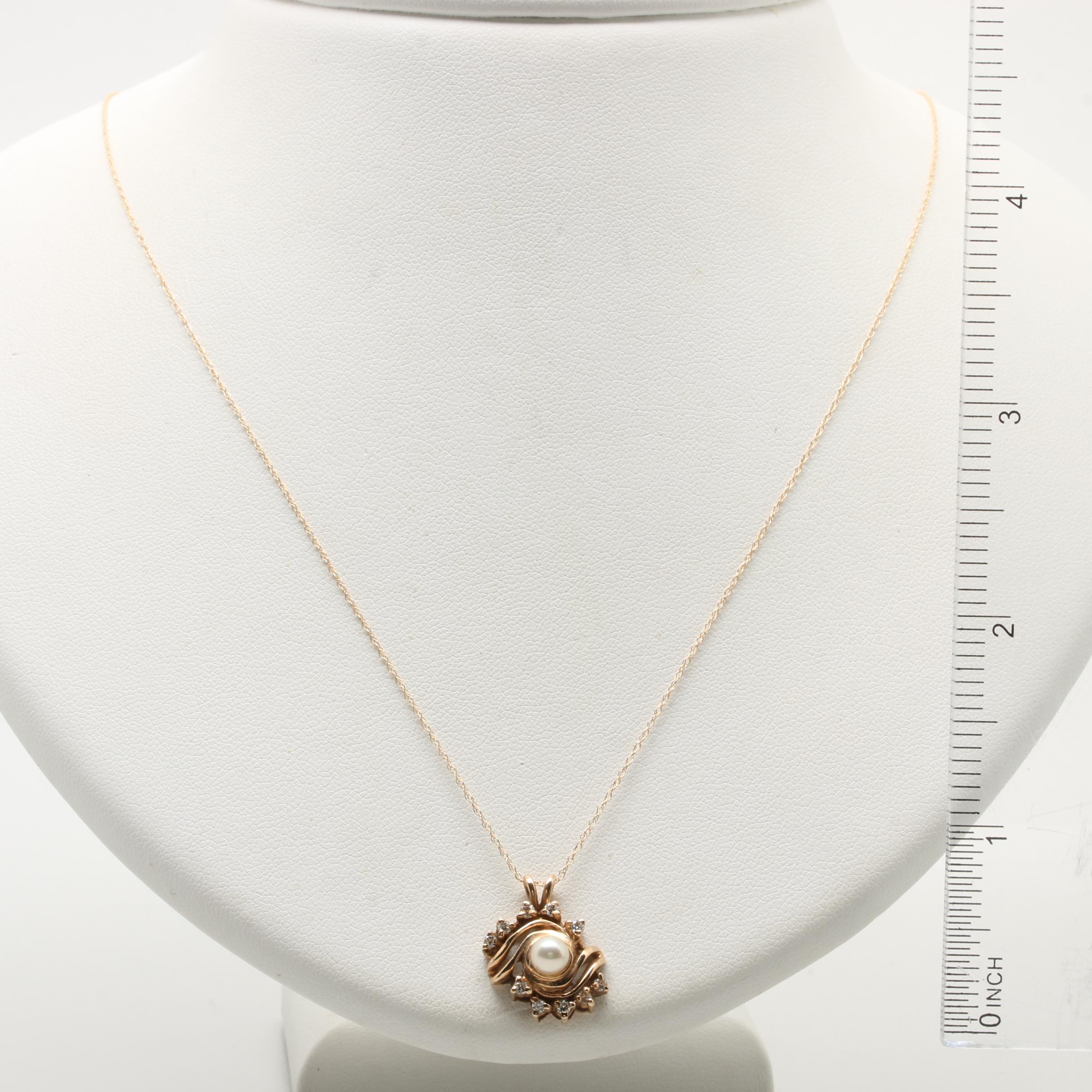 14K Yellow Gold Cultured Pearl and Diamond Necklace