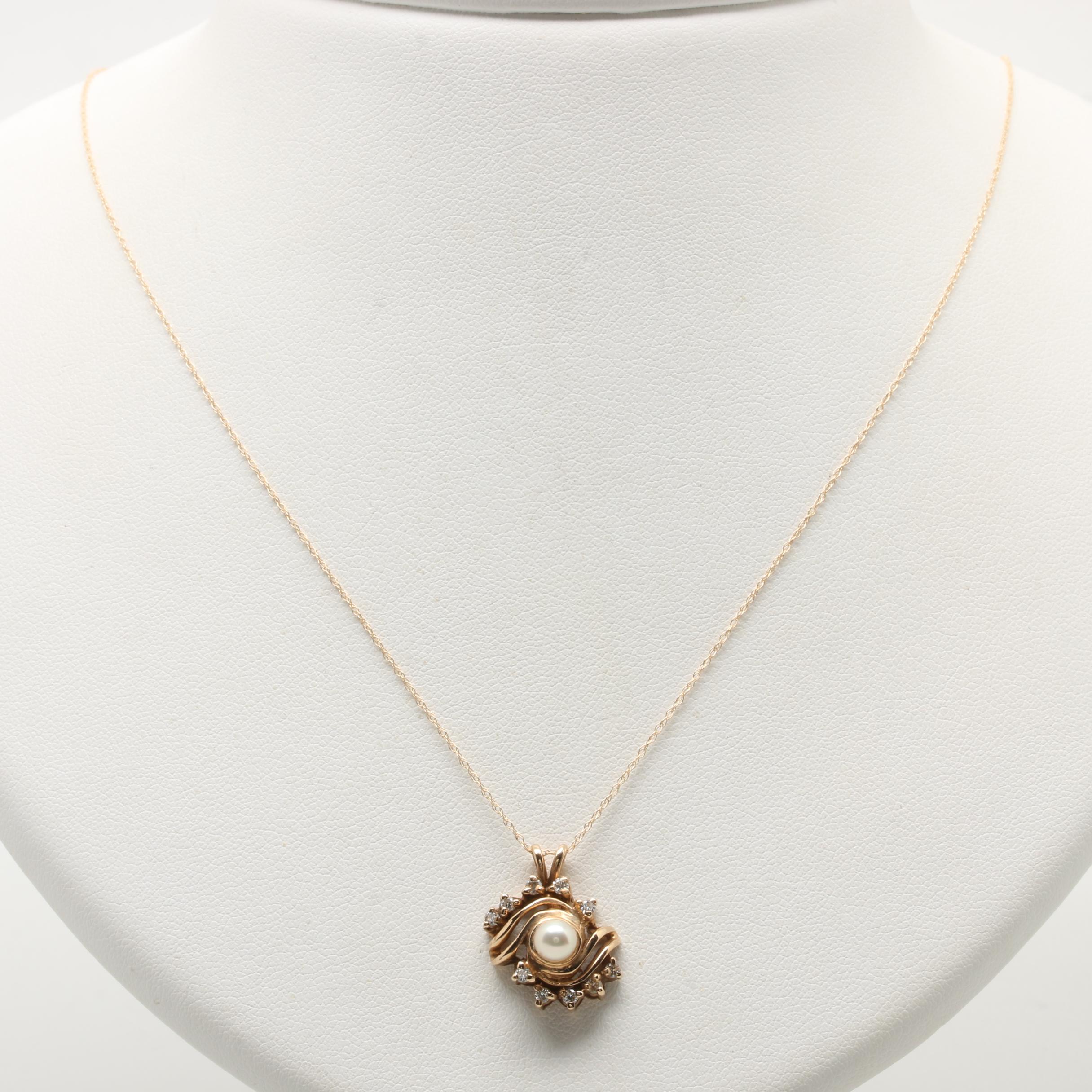 14K Yellow Gold Cultured Pearl and Diamond Necklace