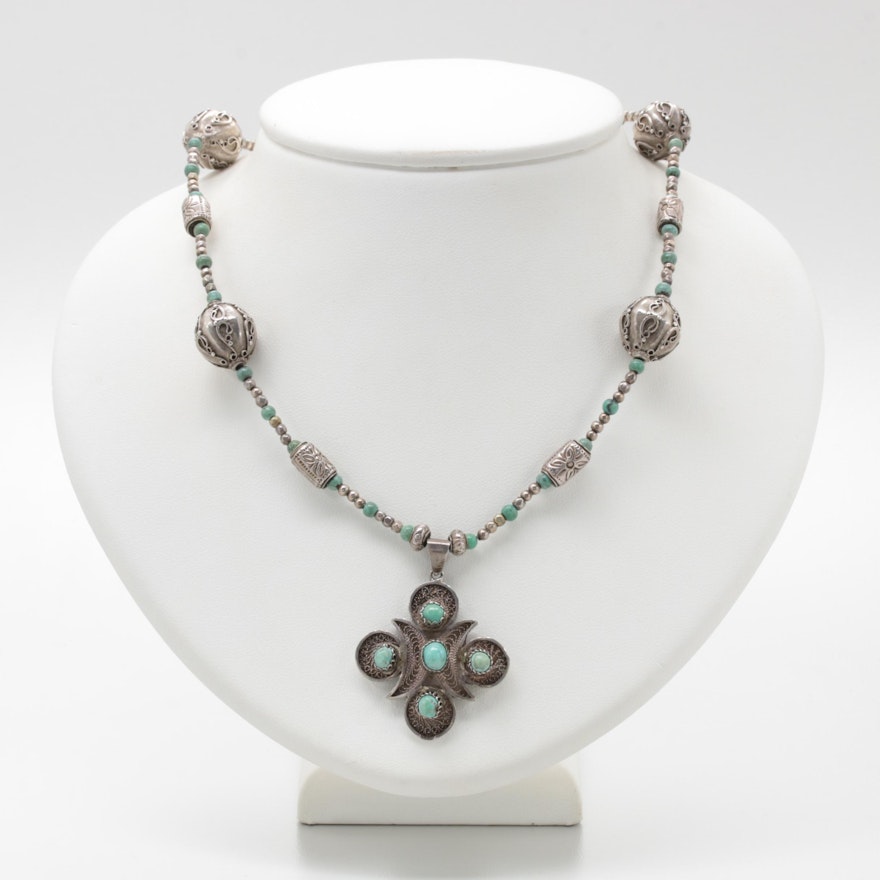 Sterling Silver Turquoise Necklace with Filigree Accents