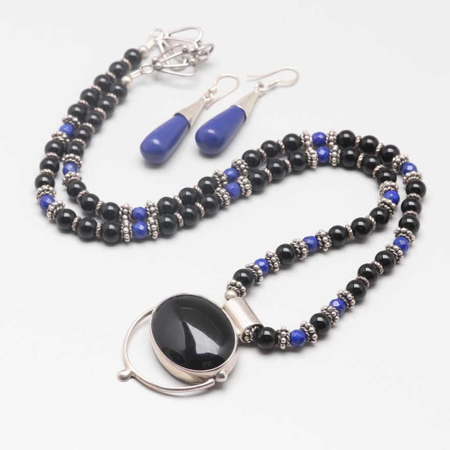 Sterling Silver Black Onyx and Imitation Lapis Lazuli Earrings and Necklace