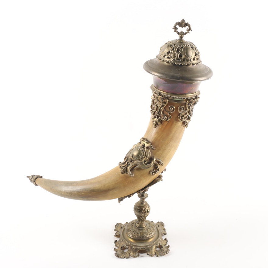 Antique French Gilt Brass Mounted Drinking Horn ca. 1880