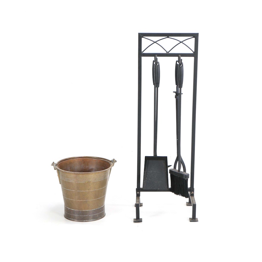 Metal Five-Piece Fireplace Tool Set with Brass Coal Bucket