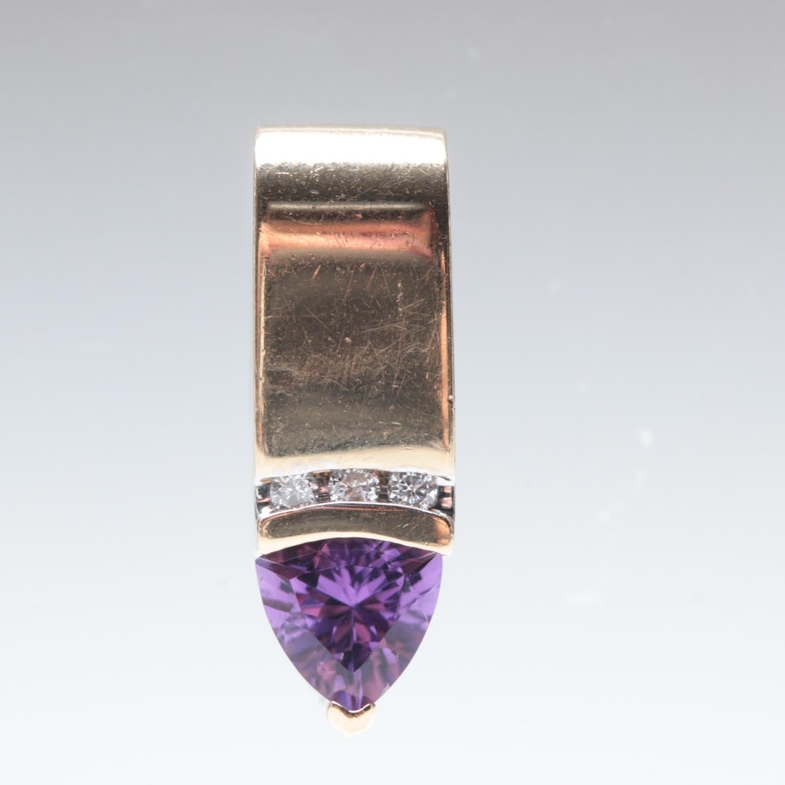 14K Gold Amethyst, Synthetic Sapphire, and Diamond Reversible Pendant