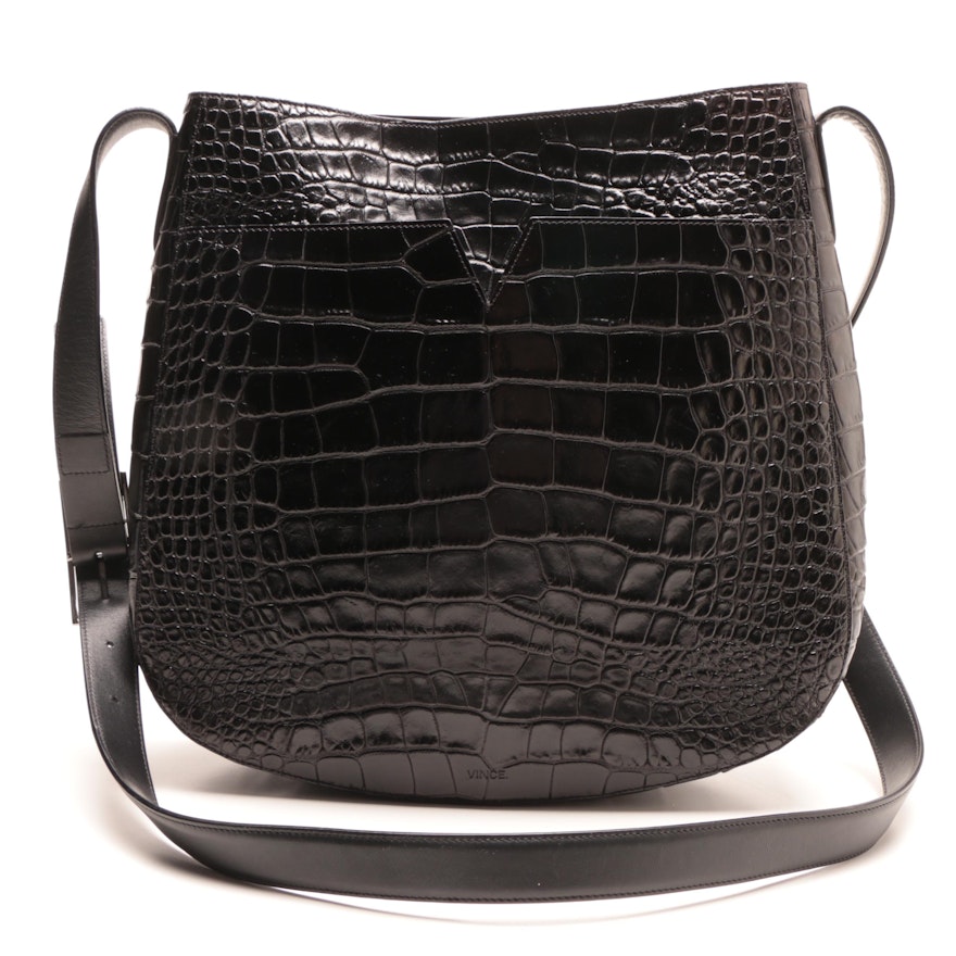 Vince Alligator Embossed Black Leather Shoulder Bag