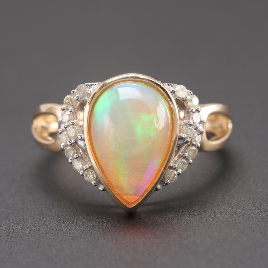 14K Yellow Gold Jelly Opal and Diamond Ring