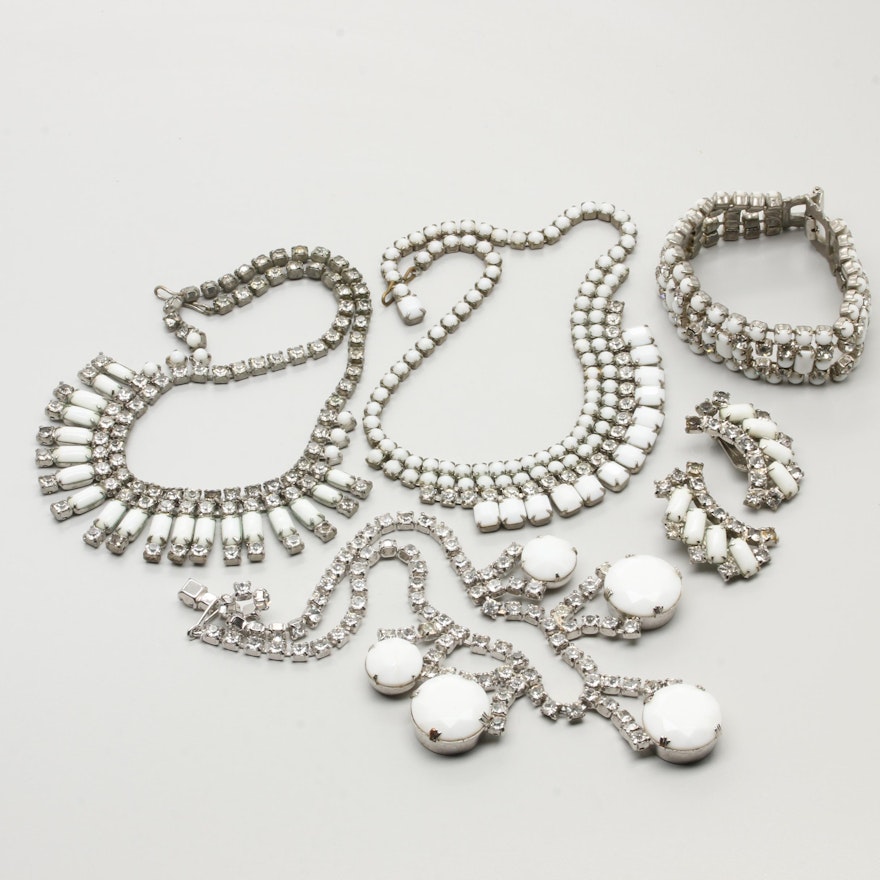 Vintage Jewelry Assortment with Milk Glass and Foilbacks