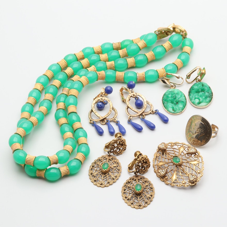 Vintage Gold Tone Jewelry Featuring Imitation Pearls, Peking Glass and Plastic