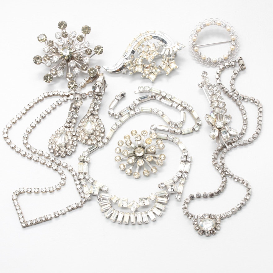 Vintage Silver Tone Jewelry Including Austrian Crystal, Krementz, and Foilbacks