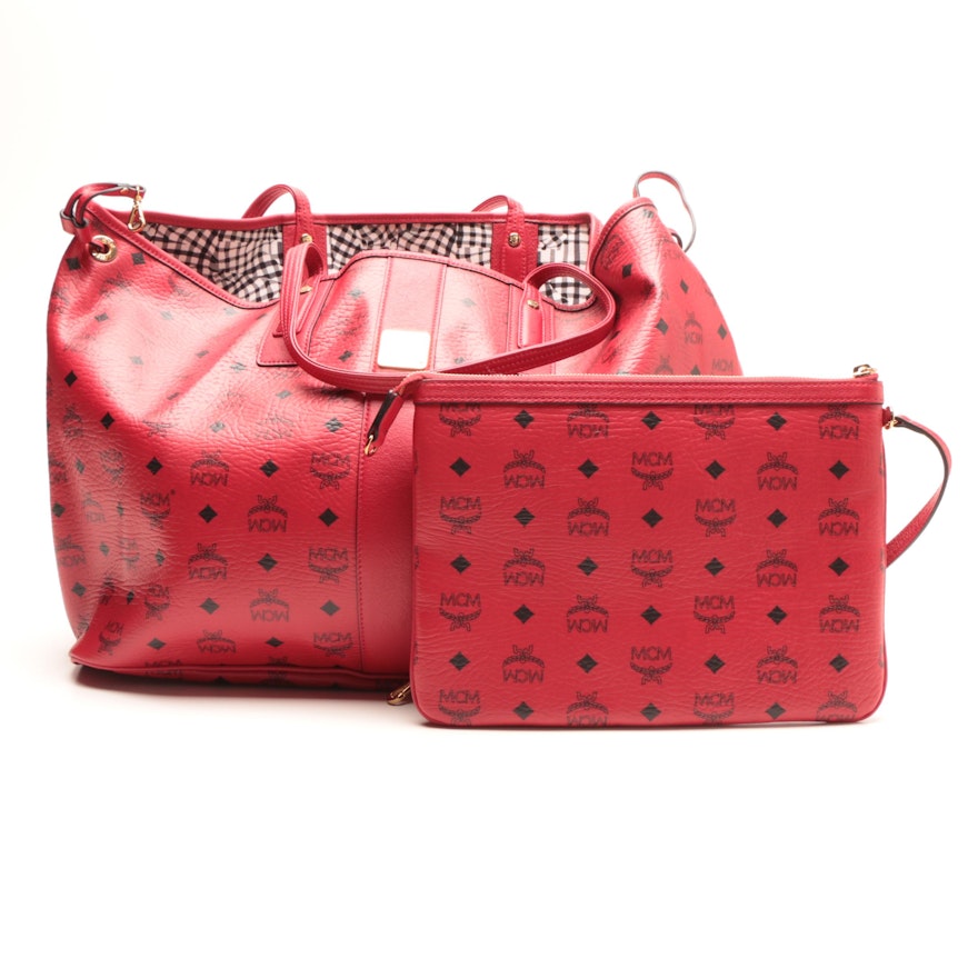 MCM Liz Red Leather and Gingham Reversible Shopper Tote Bag