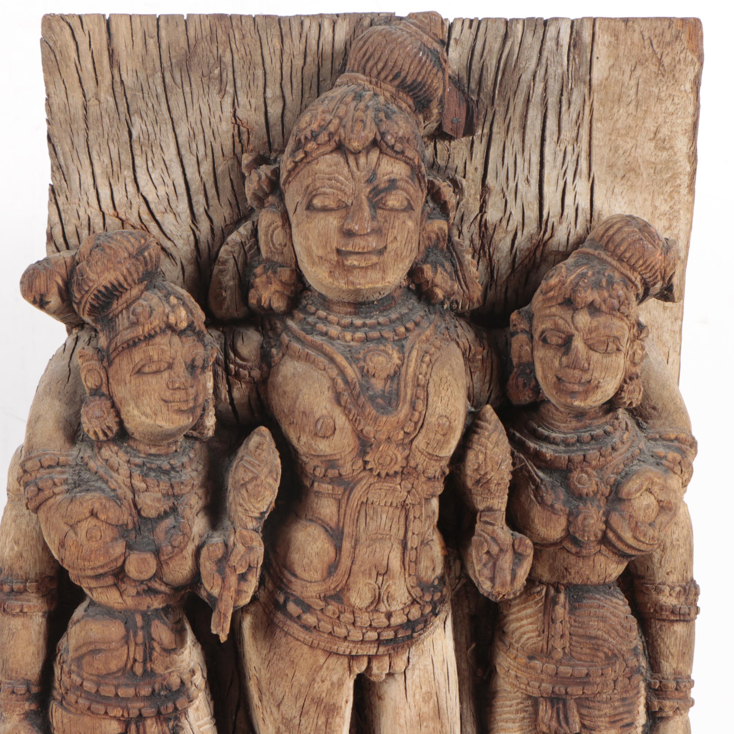 South Asian Lakshmi with Attendants Carved Wood Sclpture