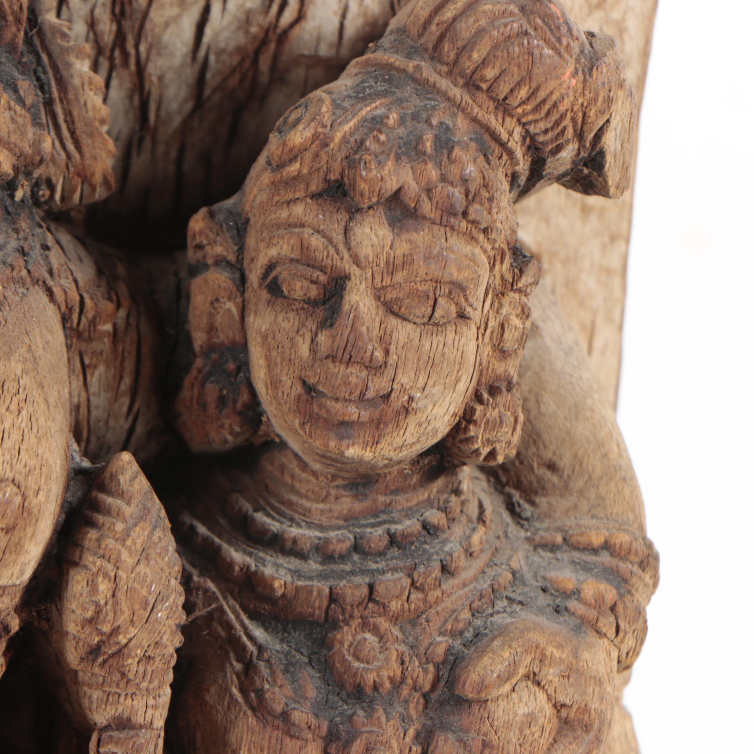 South Asian Lakshmi with Attendants Carved Wood Sclpture
