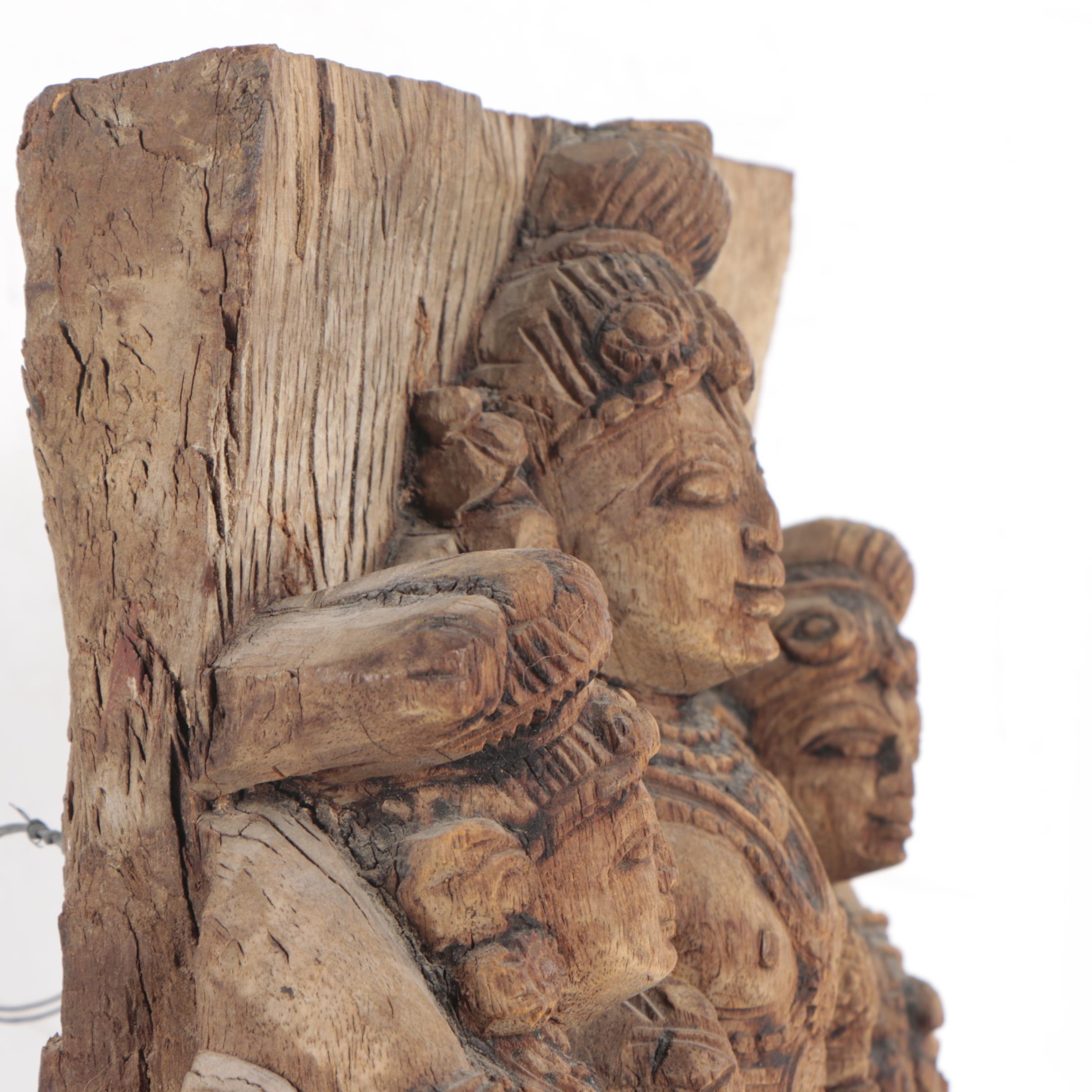 South Asian Lakshmi with Attendants Carved Wood Sclpture