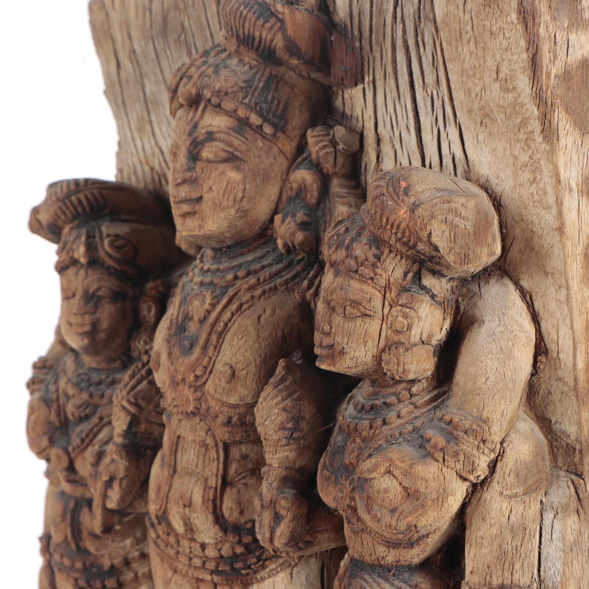 South Asian Lakshmi with Attendants Carved Wood Sclpture