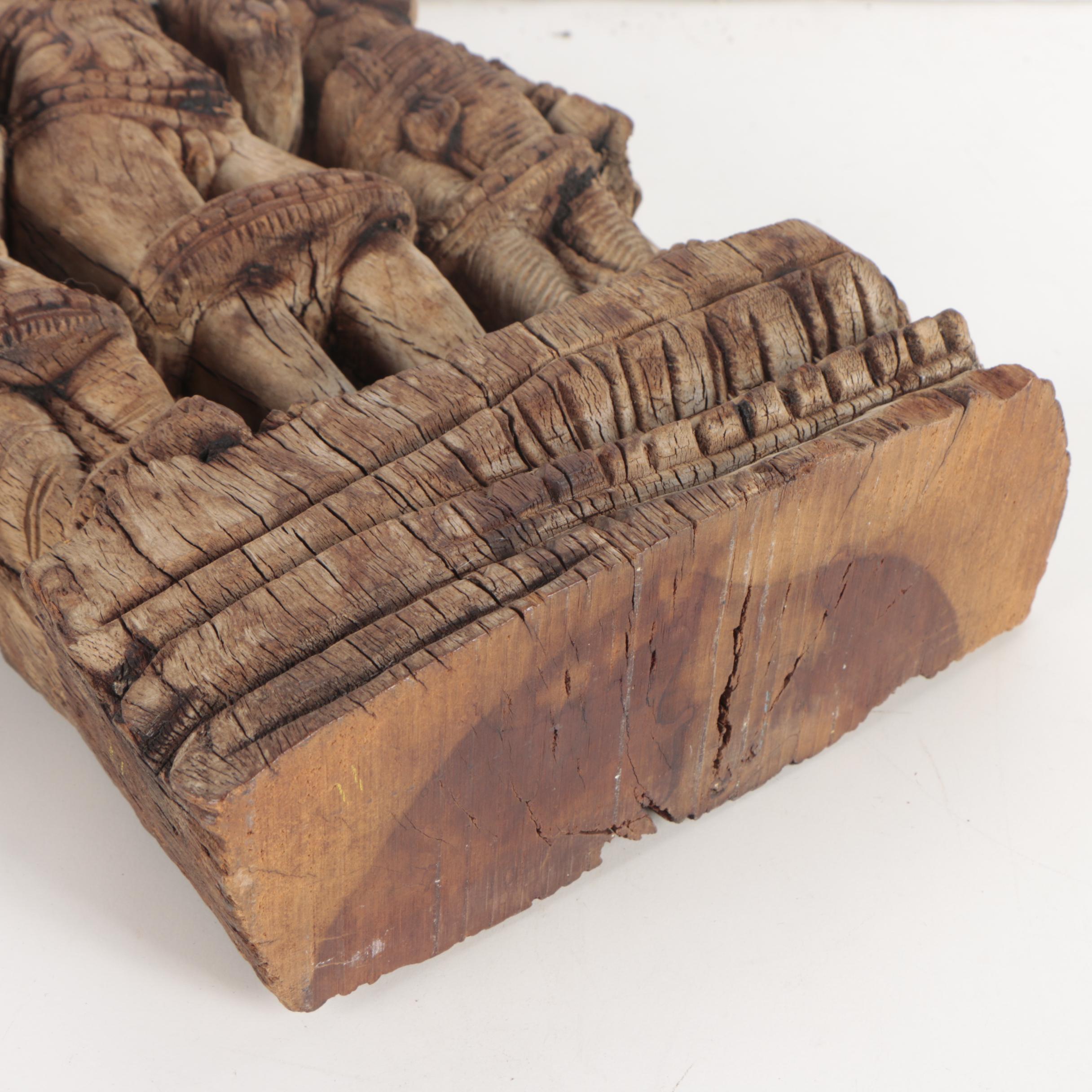 South Asian Lakshmi with Attendants Carved Wood Sclpture