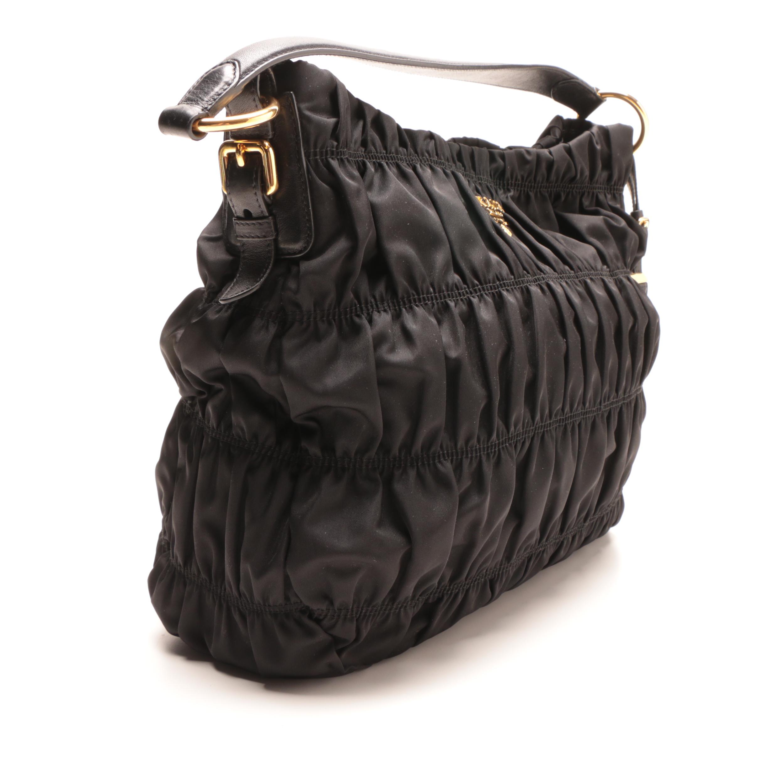 Prada Black Ruched Nylon Shoulder Bag