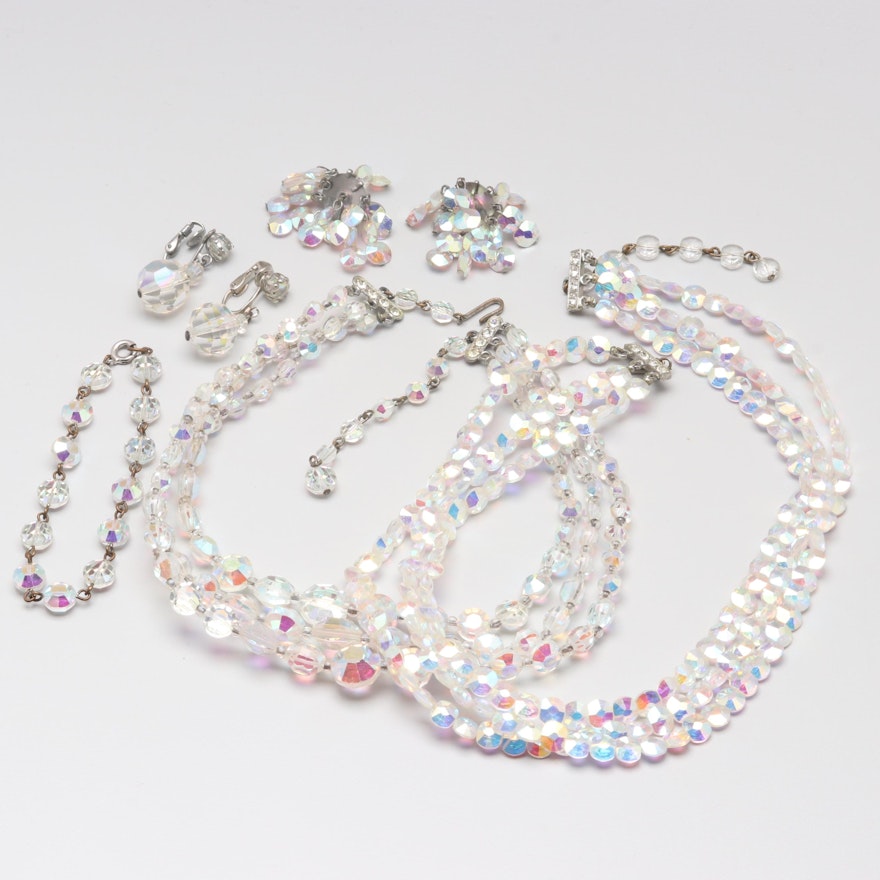 Silver Tone Aurora Borealis Glass and Foilback Jewelry