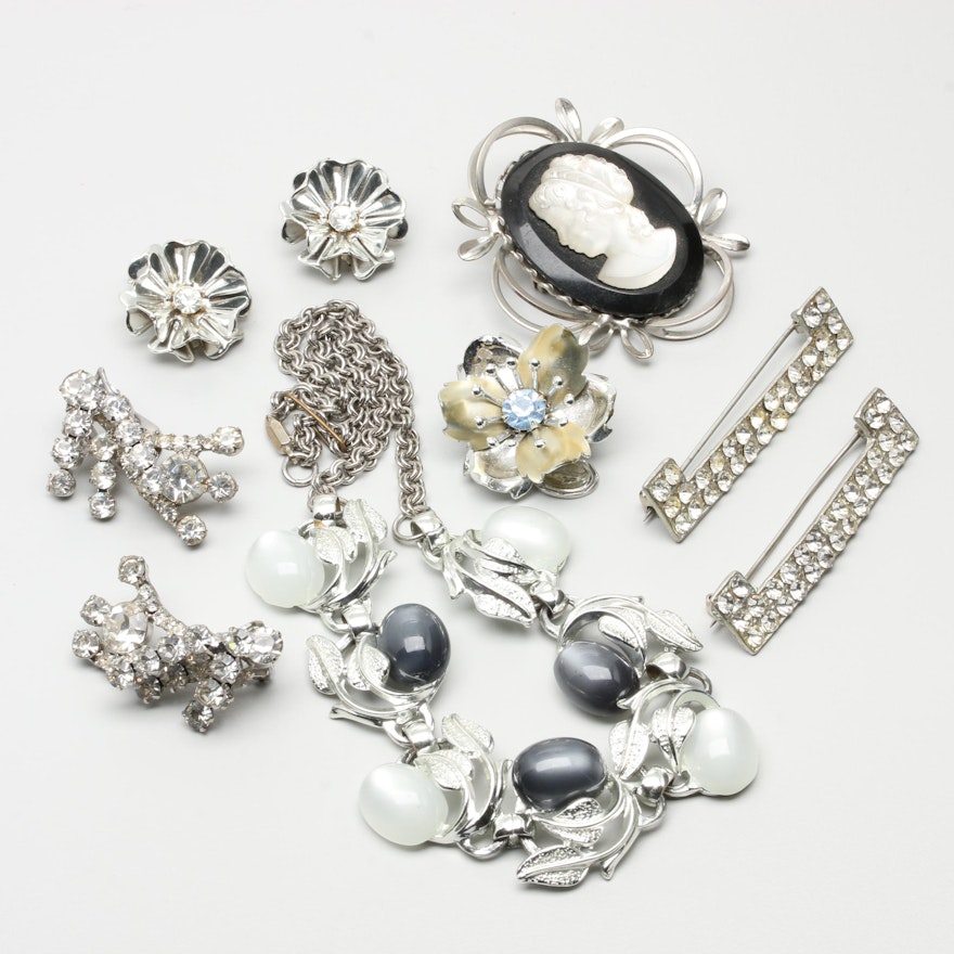 Vintage Silver Tone Jewelry Selection Including Thermoset Plastic and Foilbacks