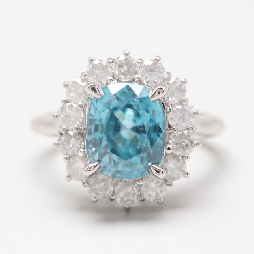 14K White Gold 5.21 CT Blue Zircon and Diamond Ring