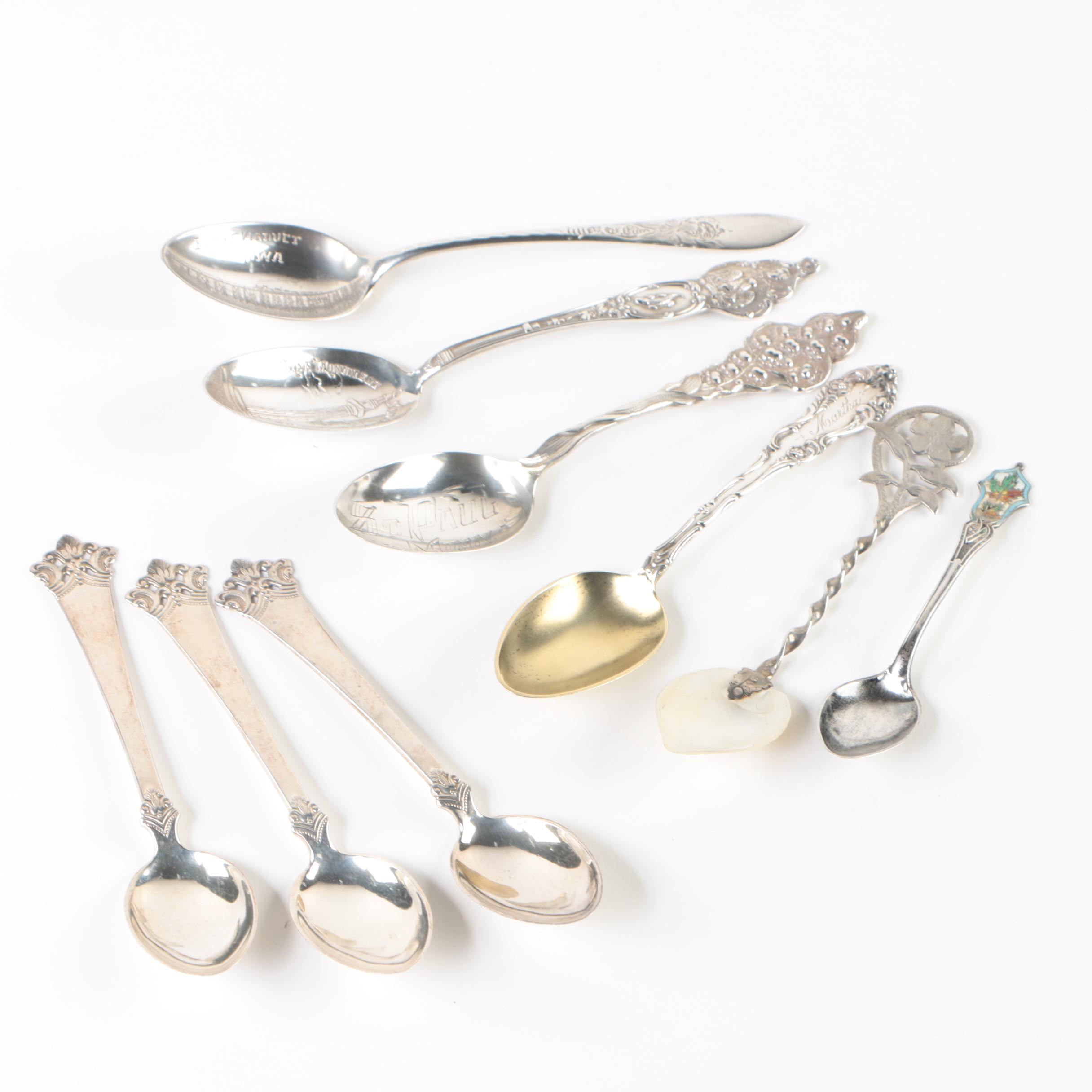 Magnus Aase 830 Silver Spoons with Sterling Demitasse and Souvenir Spoons