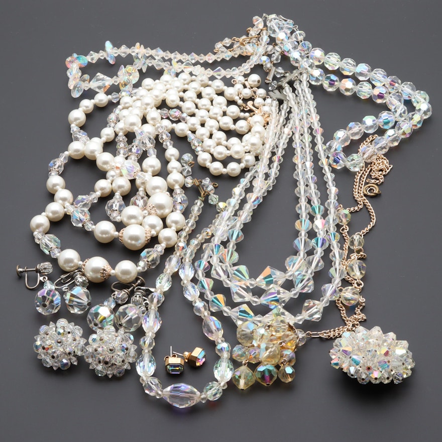 Vintage Silver Tone Aurora Borealis and Imitation Pearl Jewelry